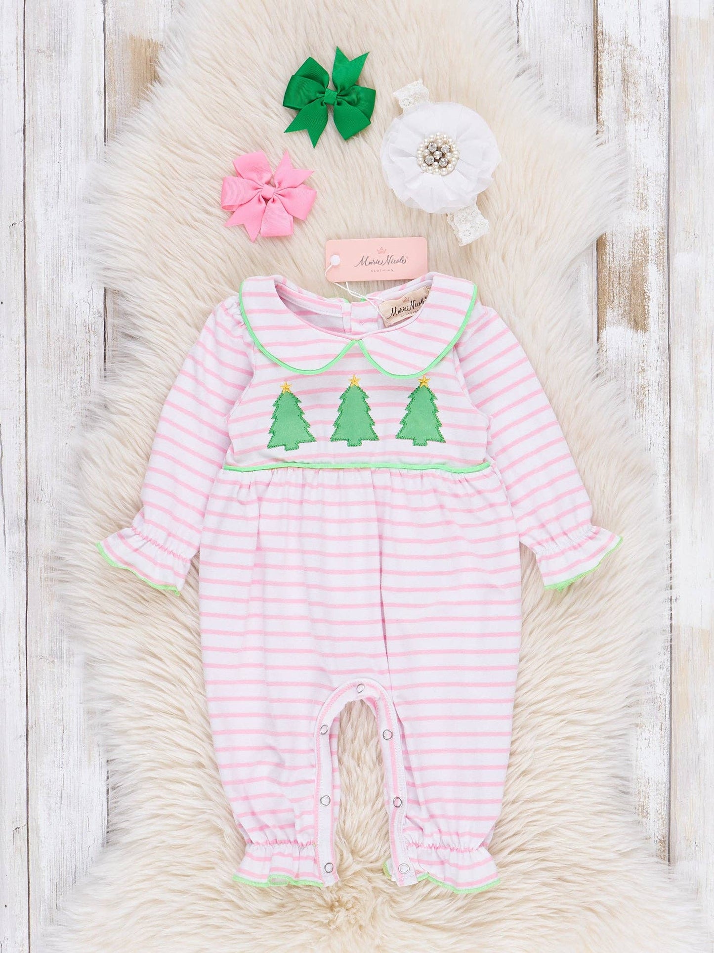 Lime & Pink Embroidered Christmas Trees Romper: 12/18MOS
