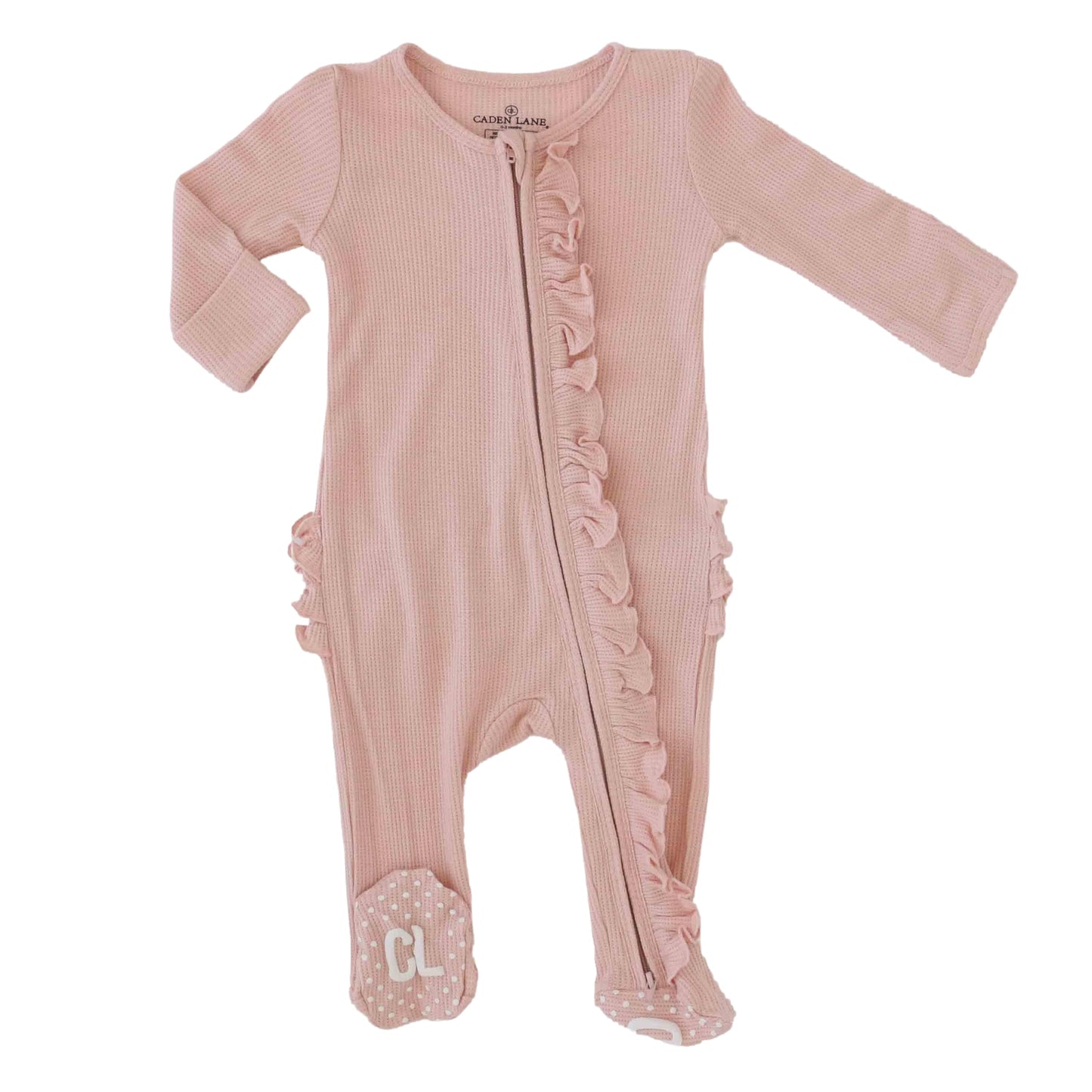 Lovely Pink Bamboo Waffle Zipper Ruffle Footie: Newborn