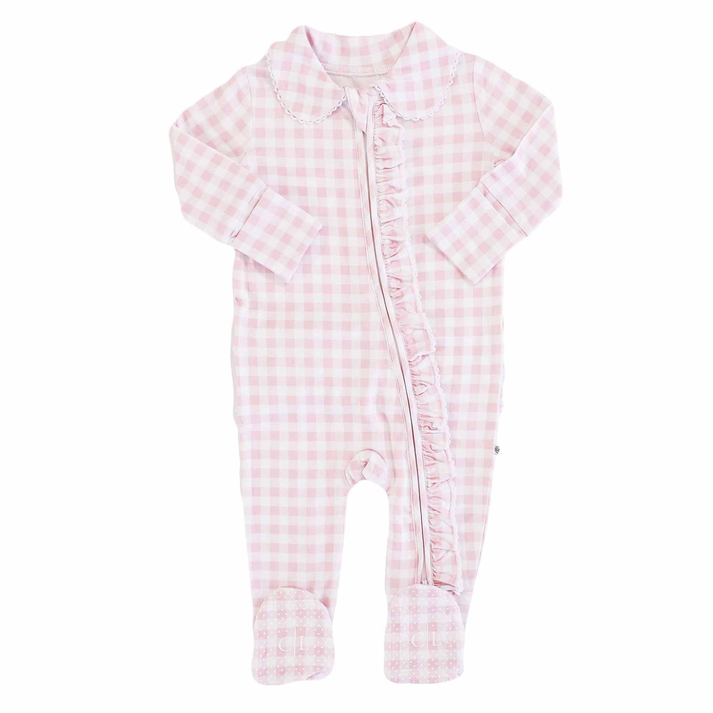 Peter Pan Collar Ruffle Zipper Footie: Rosy Gingham / Non-Personalized / 0-3 months
