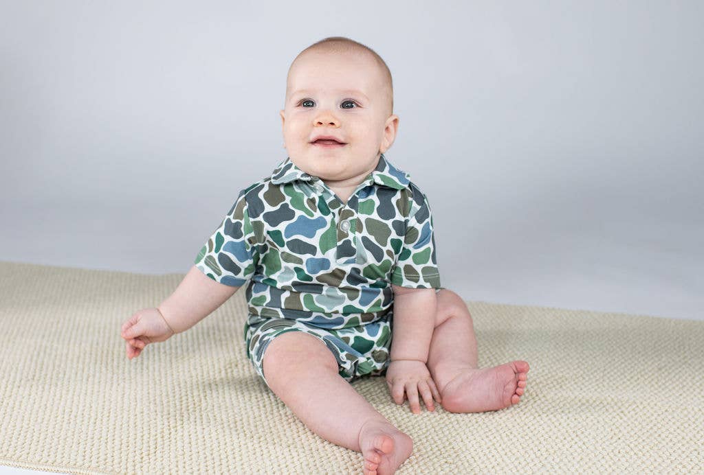 Pebble Camo - SS Polo Romper: 12-18 months