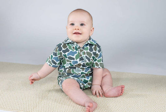 Pebble Camo - SS Polo Romper: 3-6M