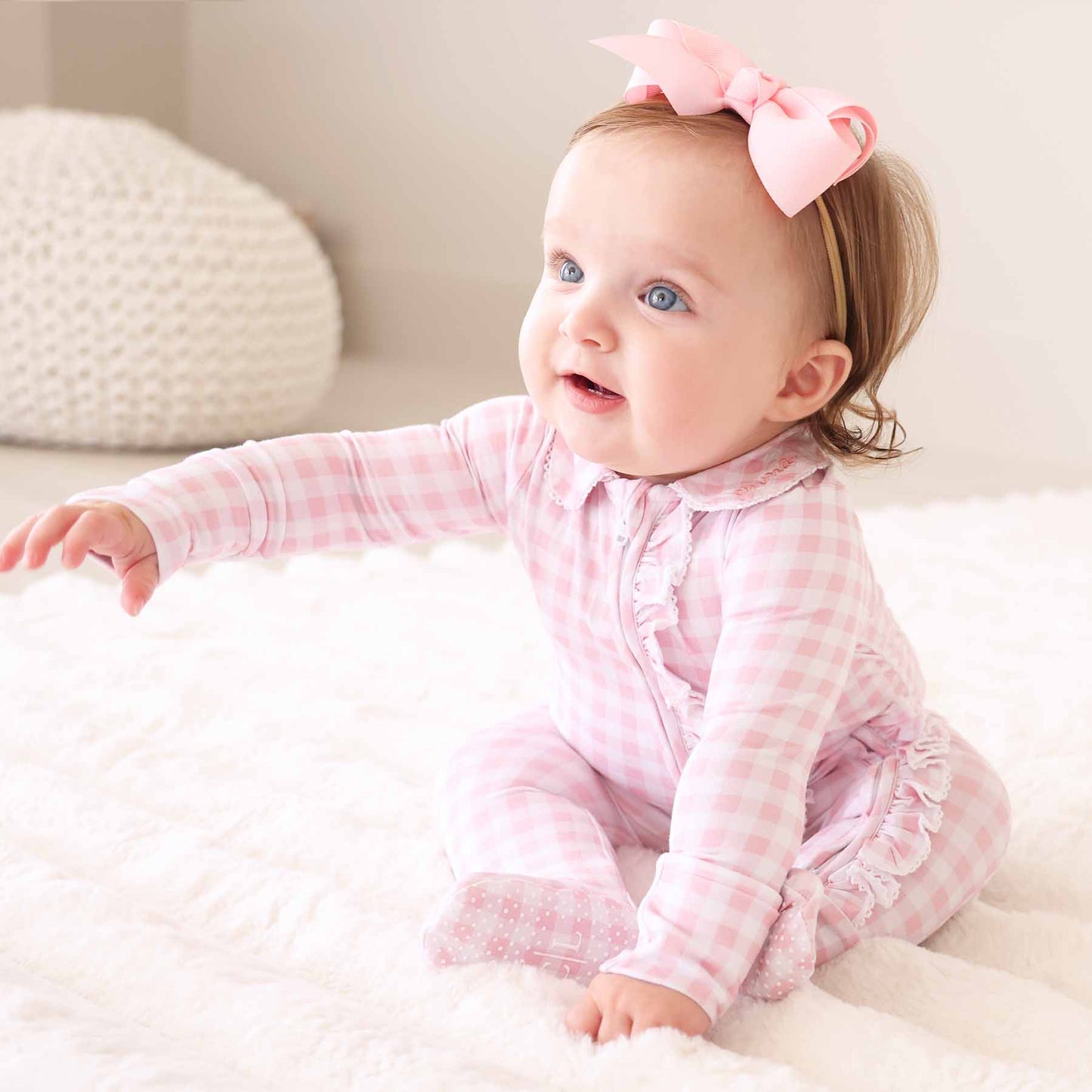 Peter Pan Collar Ruffle Zipper Footie | Rosy Gingham: Rosy Gingham / Non-Personalized / 0-3 months