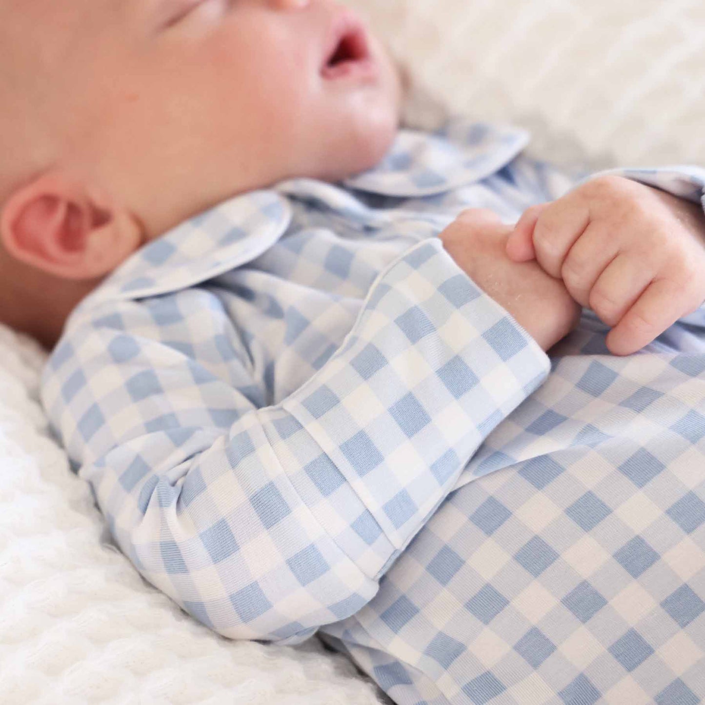 Peter Pan Collar Zipper Footie: Dusty Blue Gingham / Non-Personalized / 0-3 months