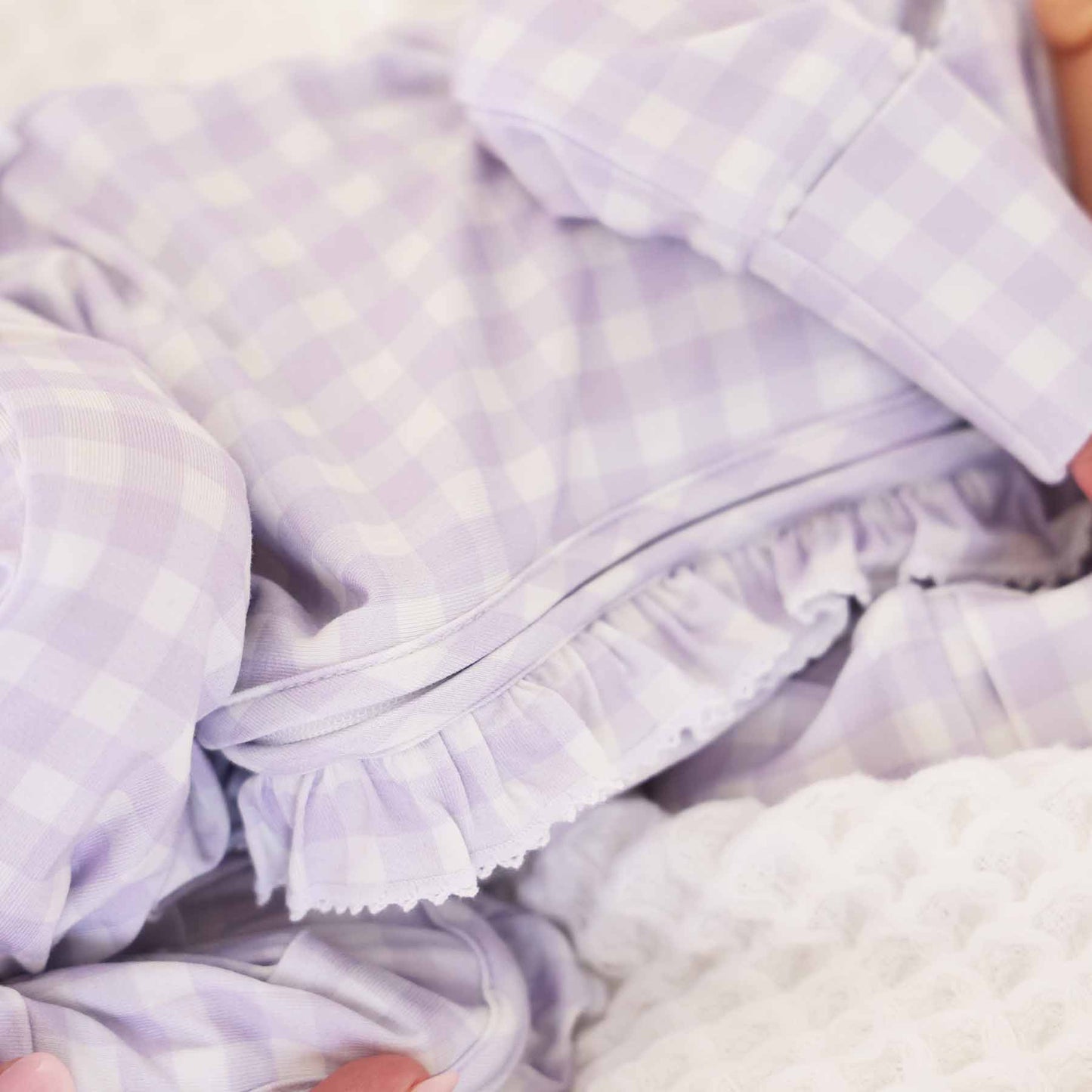 Peter Pan Collar Ruffle Zipper Footie: Rosy Gingham / Non-Personalized / 0-3 months