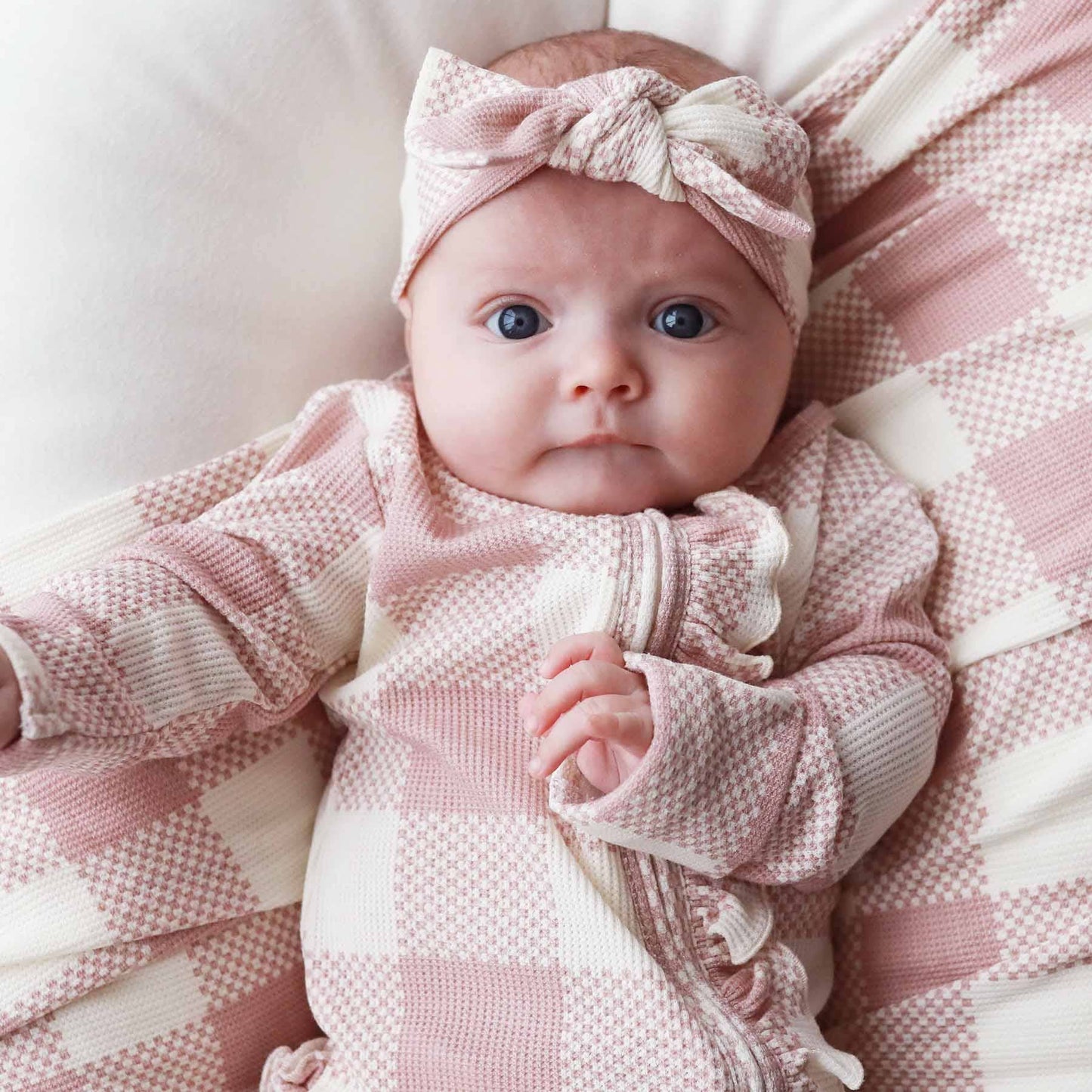 Big Check Bamboo Waffle Zipper Ruffle Footie | Rosy: Newborn