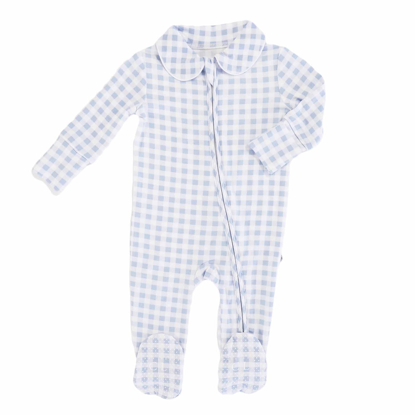 Peter Pan Collar Zipper Footie: Dusty Blue Gingham / Non-Personalized / 0-3 months