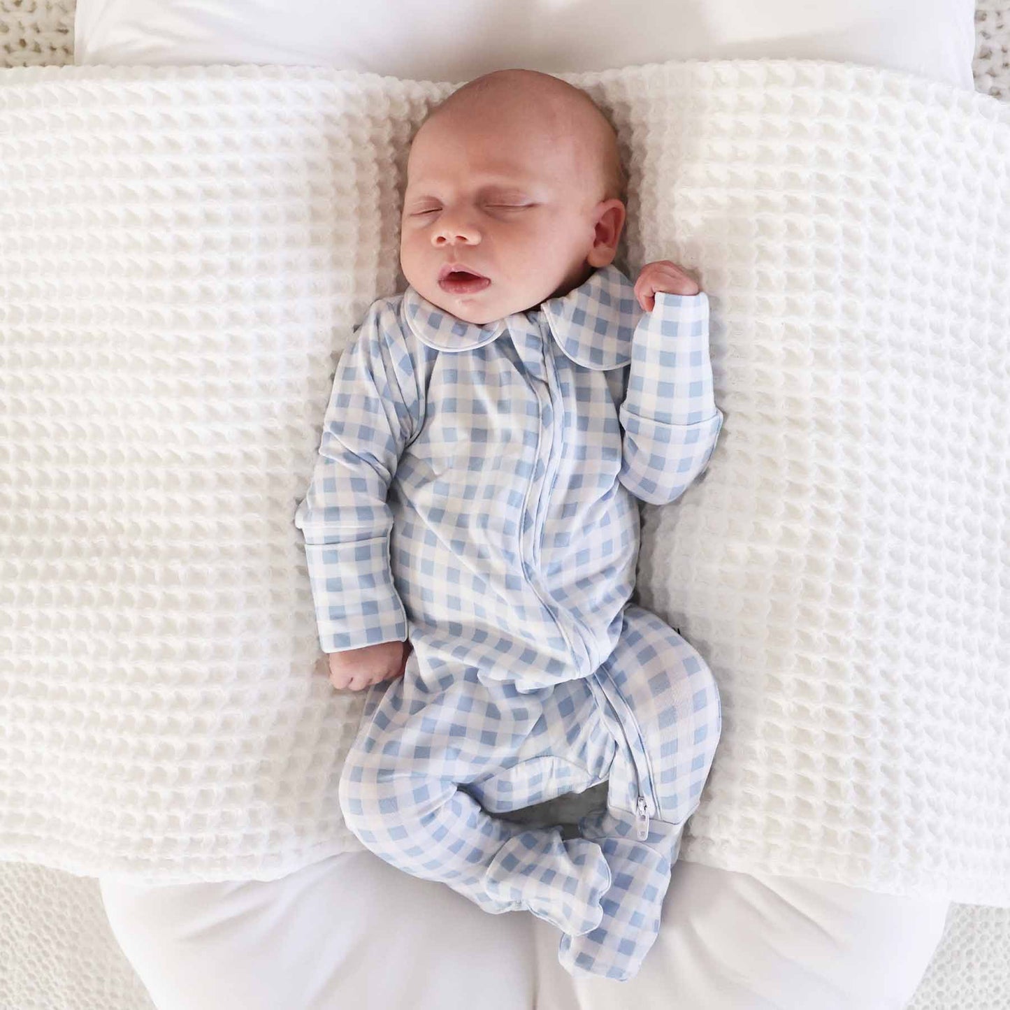 Peter Pan Collar Zipper Footie: Dusty Blue Gingham / Non-Personalized / 0-3 months