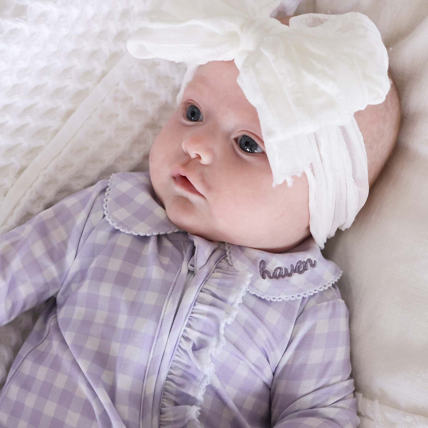 Peter Pan Collar Ruffle Zipper Footie: Rosy Gingham / Non-Personalized / 0-3 months