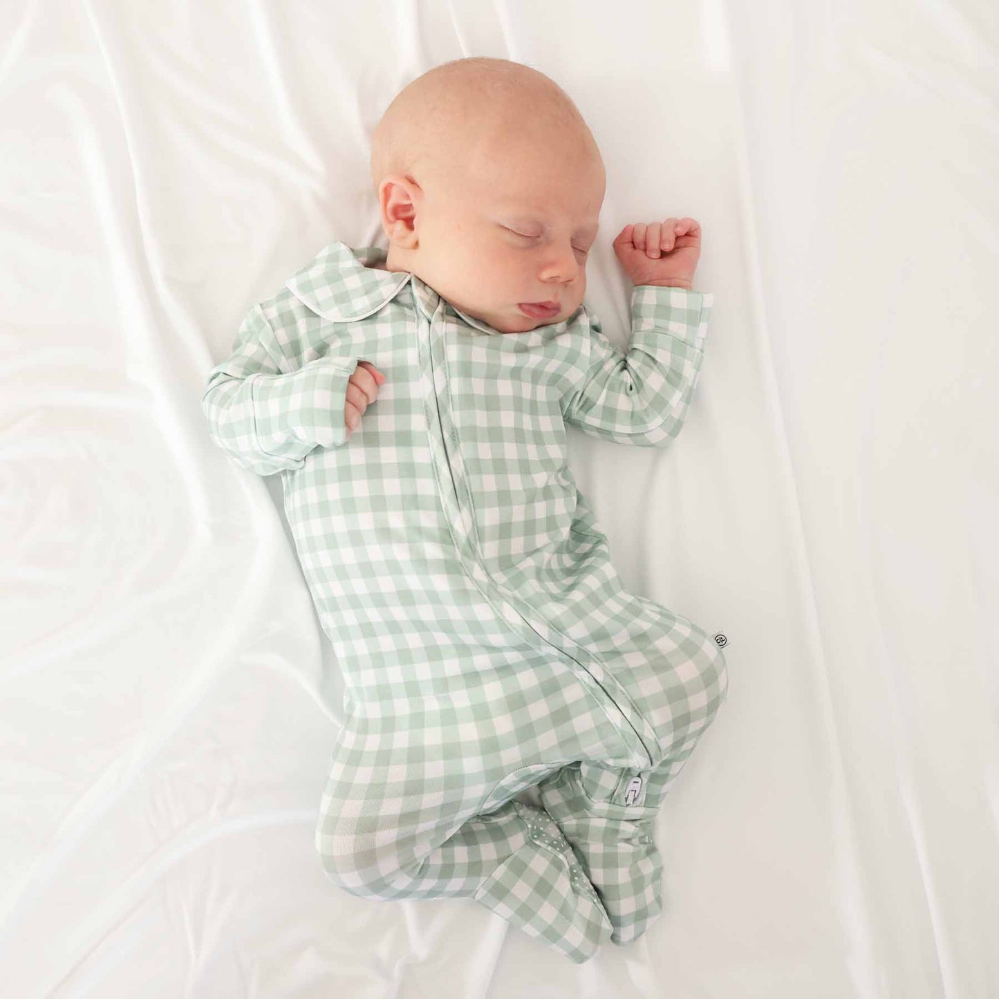 Peter Pan Collar Zipper Footie: Dusty Blue Gingham / Non-Personalized / 0-3 months