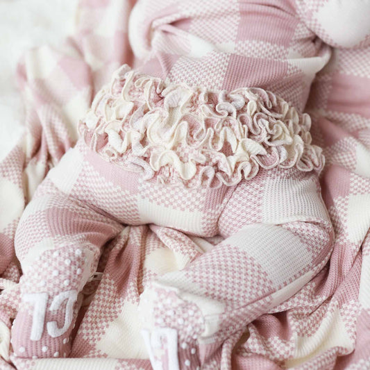 Big Check Bamboo Waffle Zipper Ruffle Footie | Rosy: Newborn
