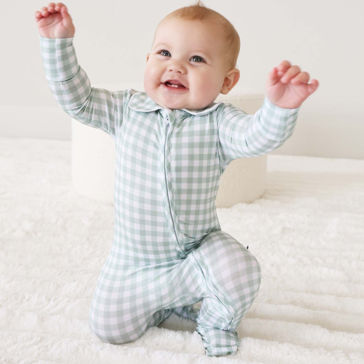 Peter Pan Collar Zipper Footie: Dusty Blue Gingham / Non-Personalized / 0-3 months