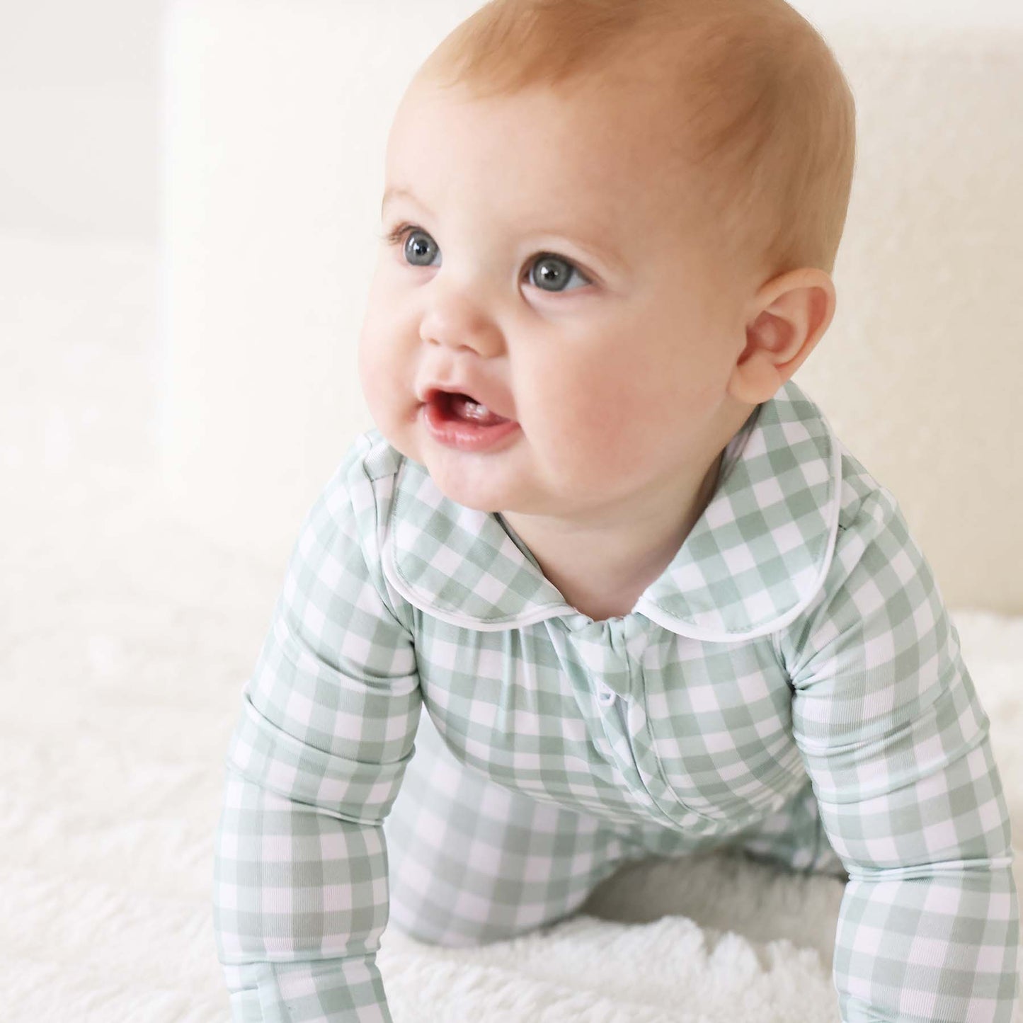 Peter Pan Collar Zipper Footie: Dusty Blue Gingham / Non-Personalized / 0-3 months