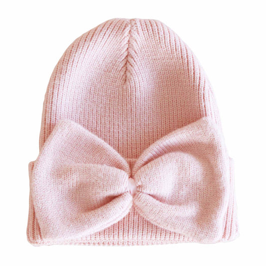 Knit Newborn Bow Beanies: Baby Pink