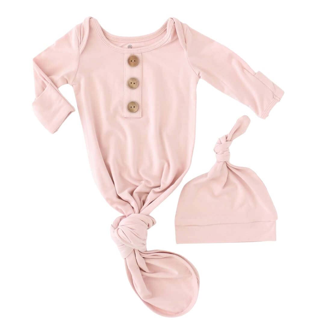 Solid Petal Pink Bamboo Baby Knot Gown & Hat: Newborn / 7-14lbs+