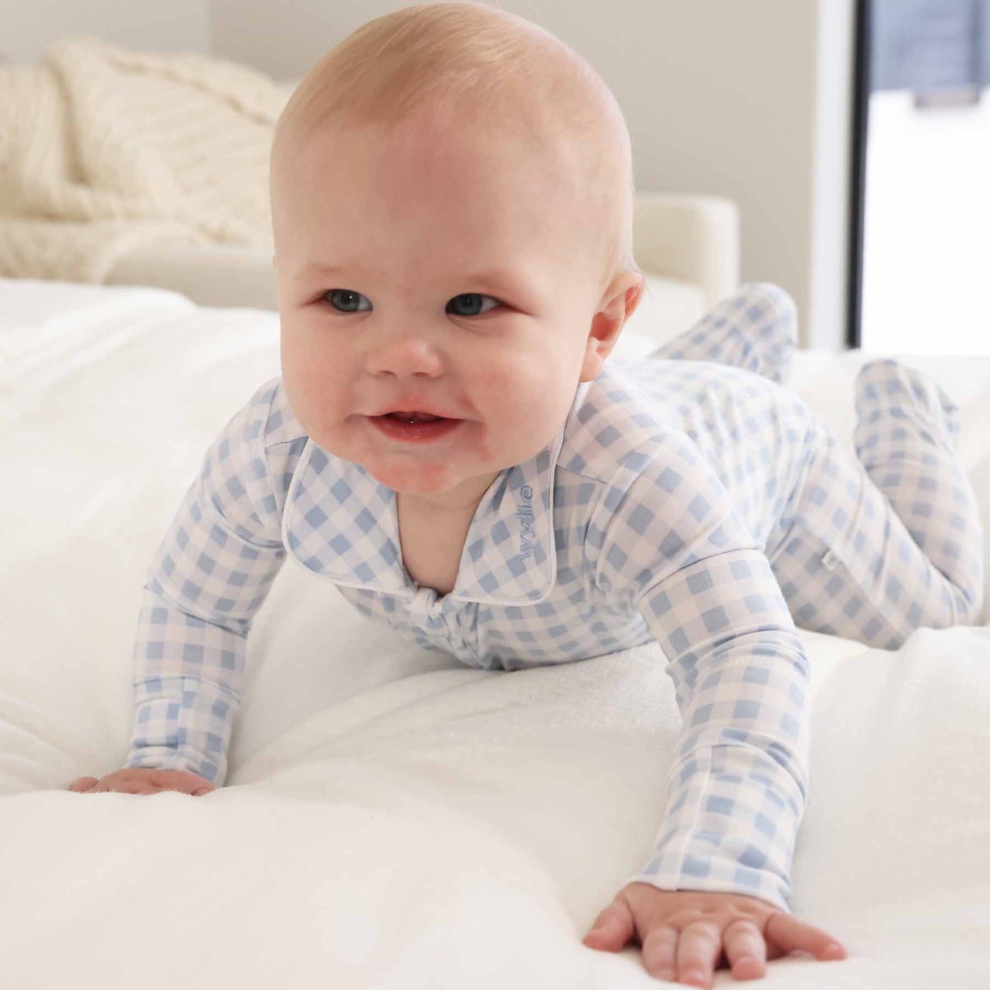 Peter Pan Collar Zipper Footie | Dusty Blue Gingham: Dusty Blue Gingham / Non-Personalized / 0-3 months