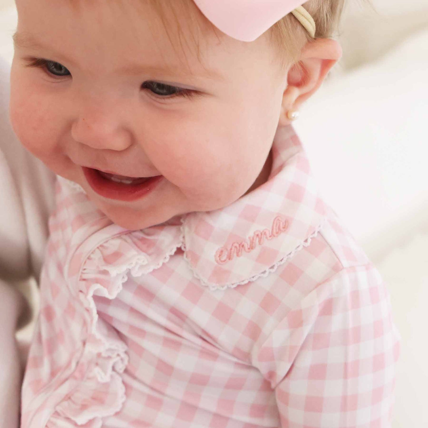 Peter Pan Collar Ruffle Zipper Footie: Rosy Gingham / Non-Personalized / 0-3 months