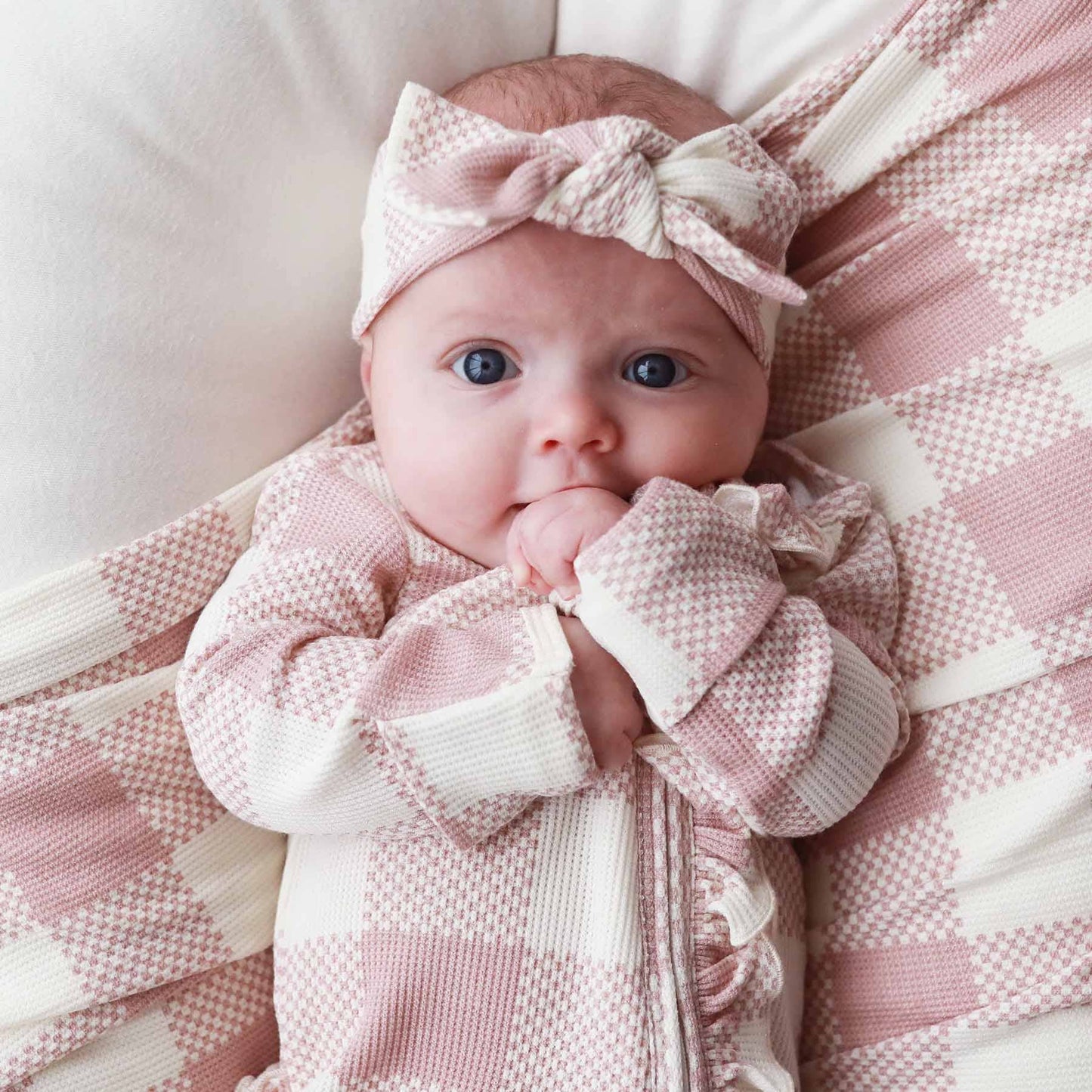 Big Check Bamboo Waffle Zipper Ruffle Footie | Rosy: Newborn