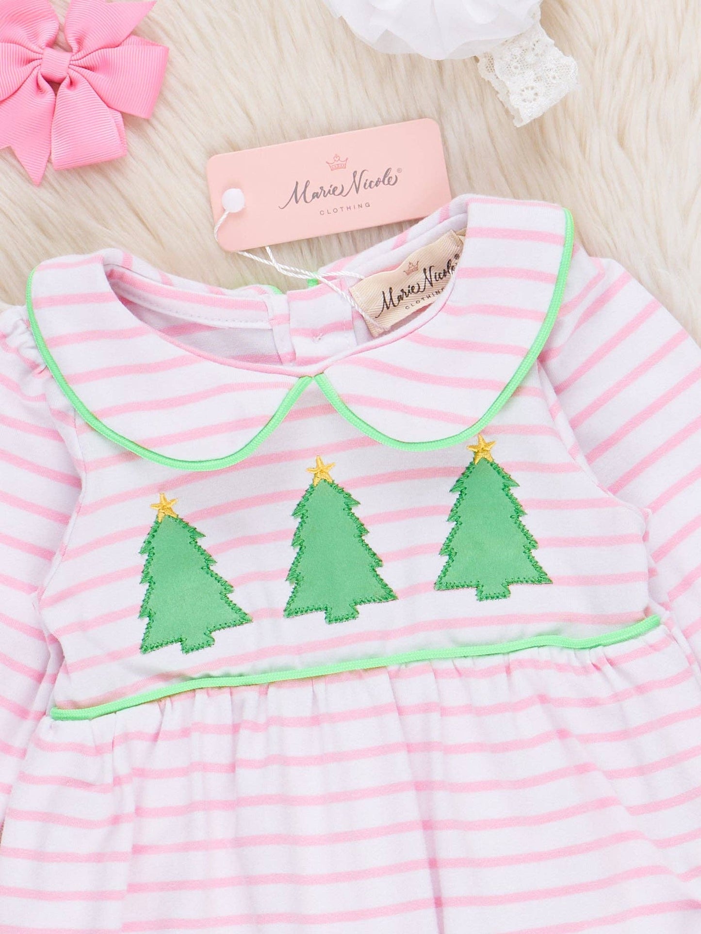 Lime & Pink Embroidered Christmas Trees Romper: 12/18MOS