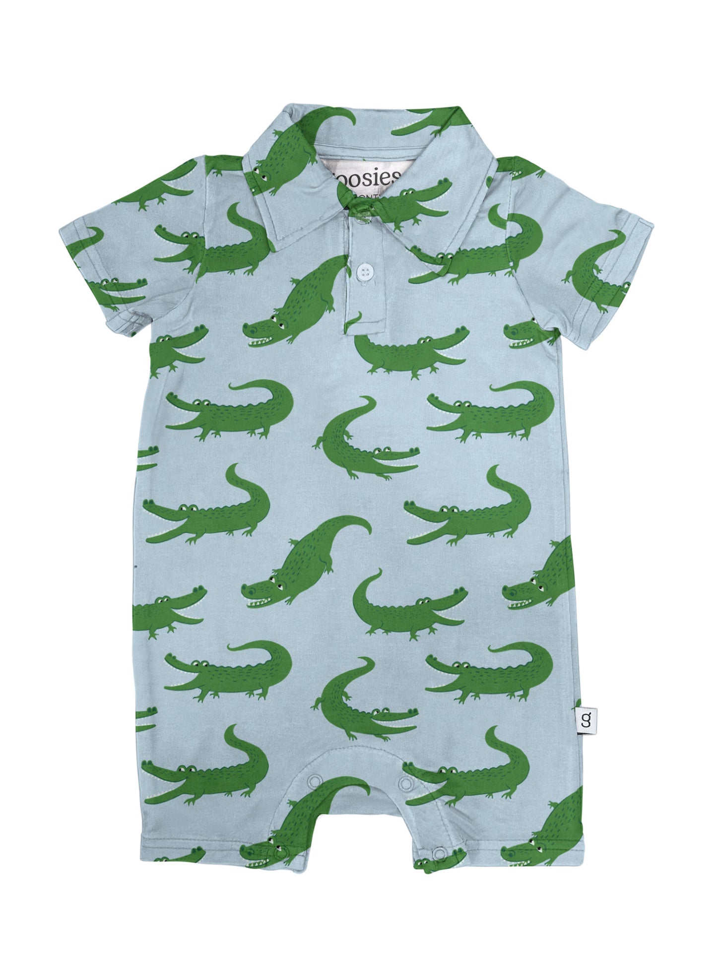 Blue Alligators - SS Polo Romper: 6-12 months