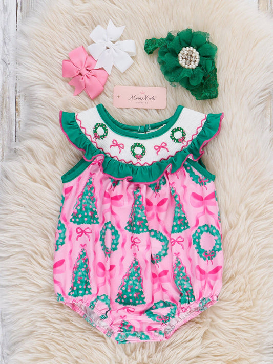 Wreath & Trees Holiday Bubble Romper: 3/6MOS
