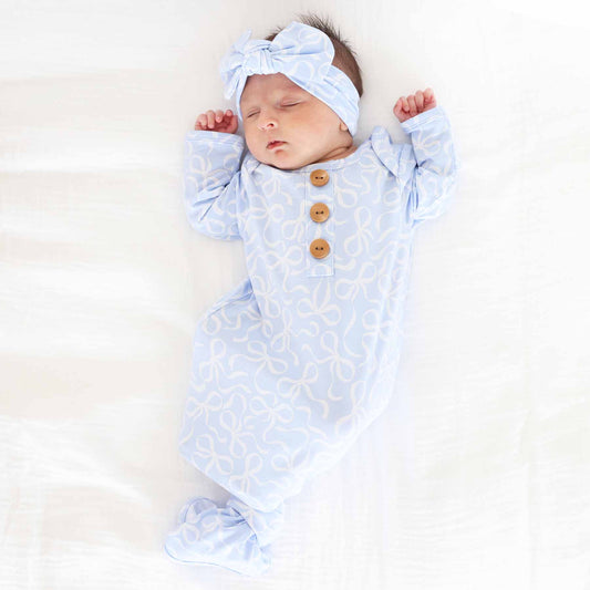 Blue-tiful Bows Newborn Baby Knot Gown & Hat Set