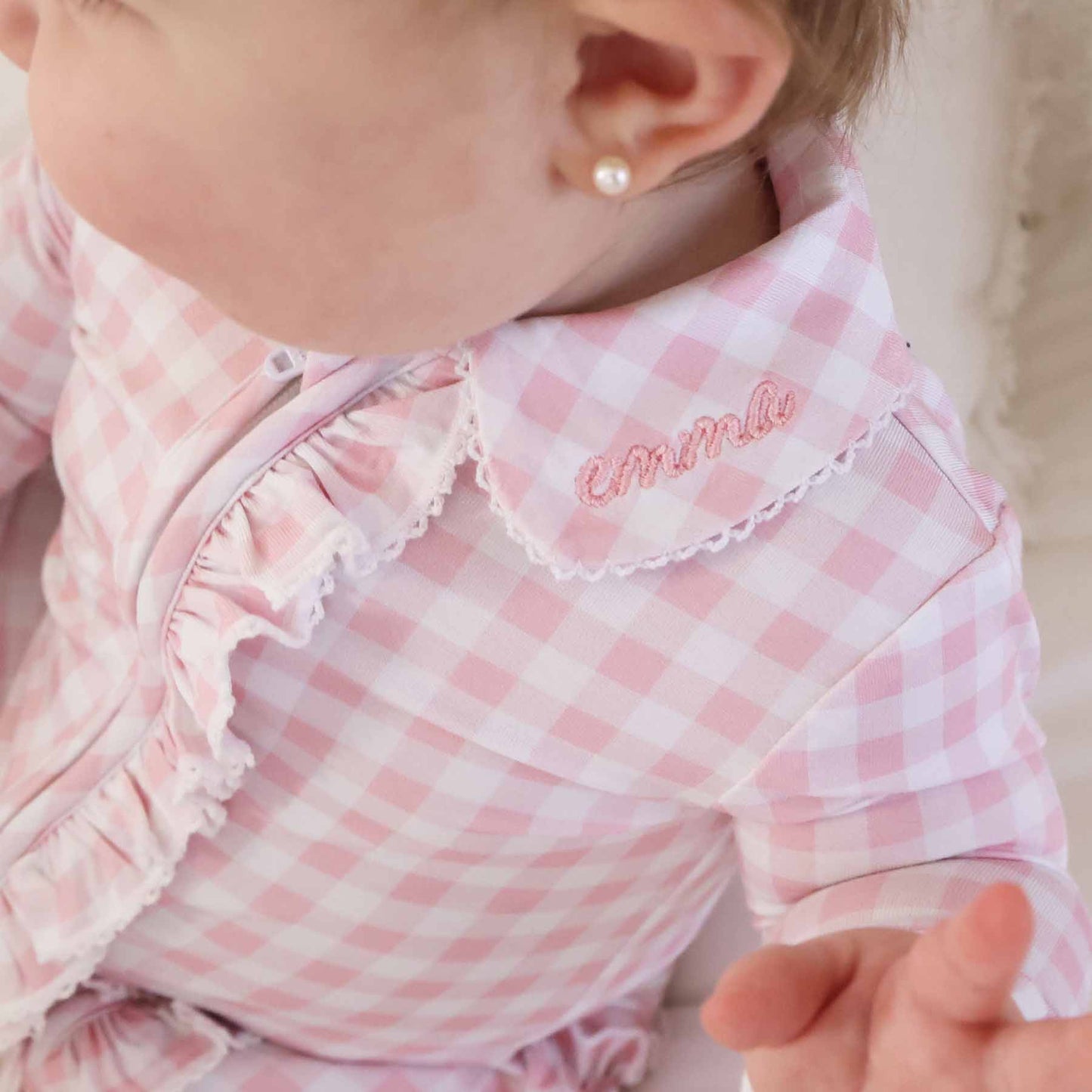 Peter Pan Collar Ruffle Zipper Footie: Rosy Gingham / Non-Personalized / 0-3 months
