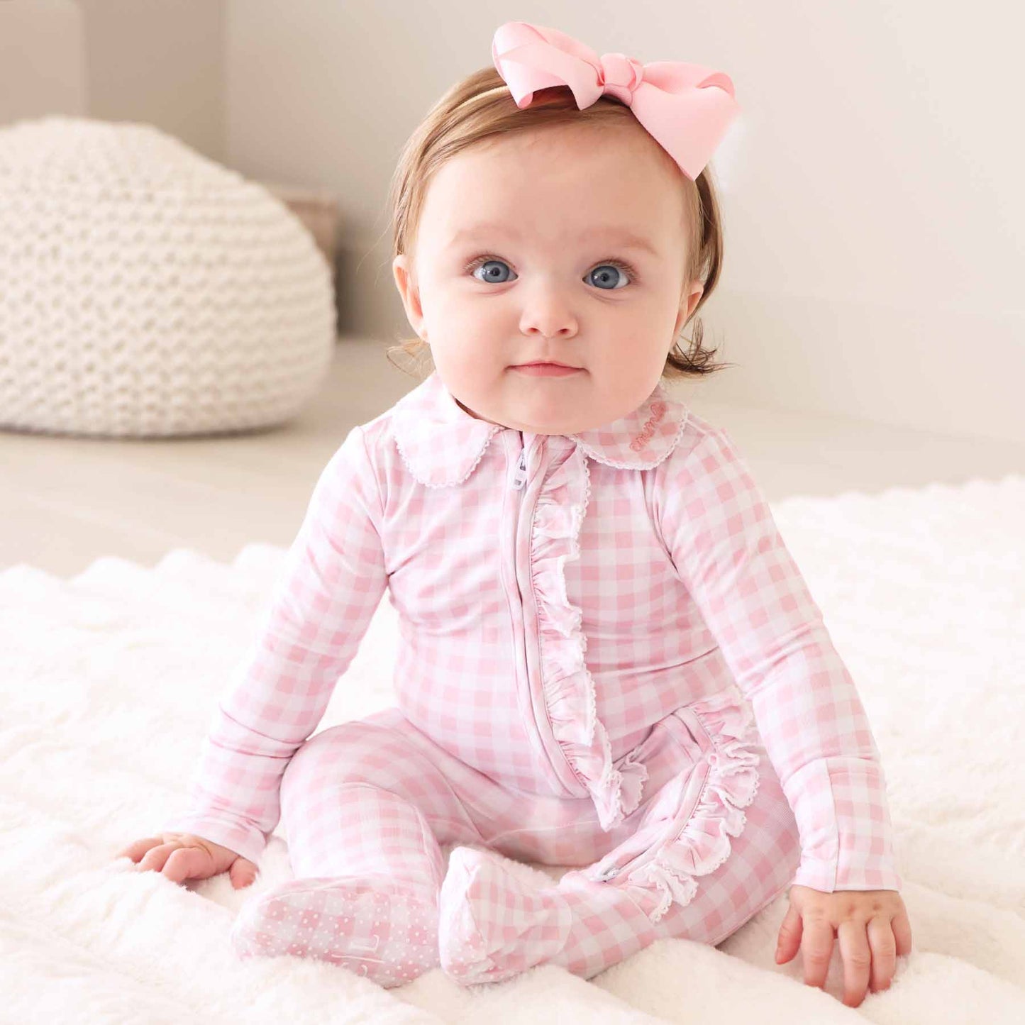 Peter Pan Collar Ruffle Zipper Footie | Rosy Gingham: Rosy Gingham / Non-Personalized / 0-3 months