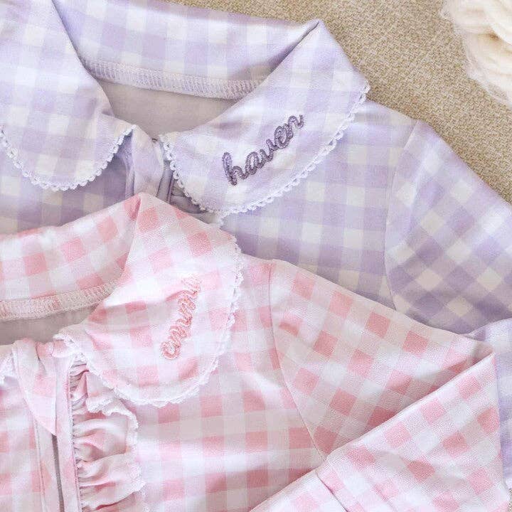 Peter Pan Collar Ruffle Zipper Footie: Rosy Gingham / Non-Personalized / 0-3 months