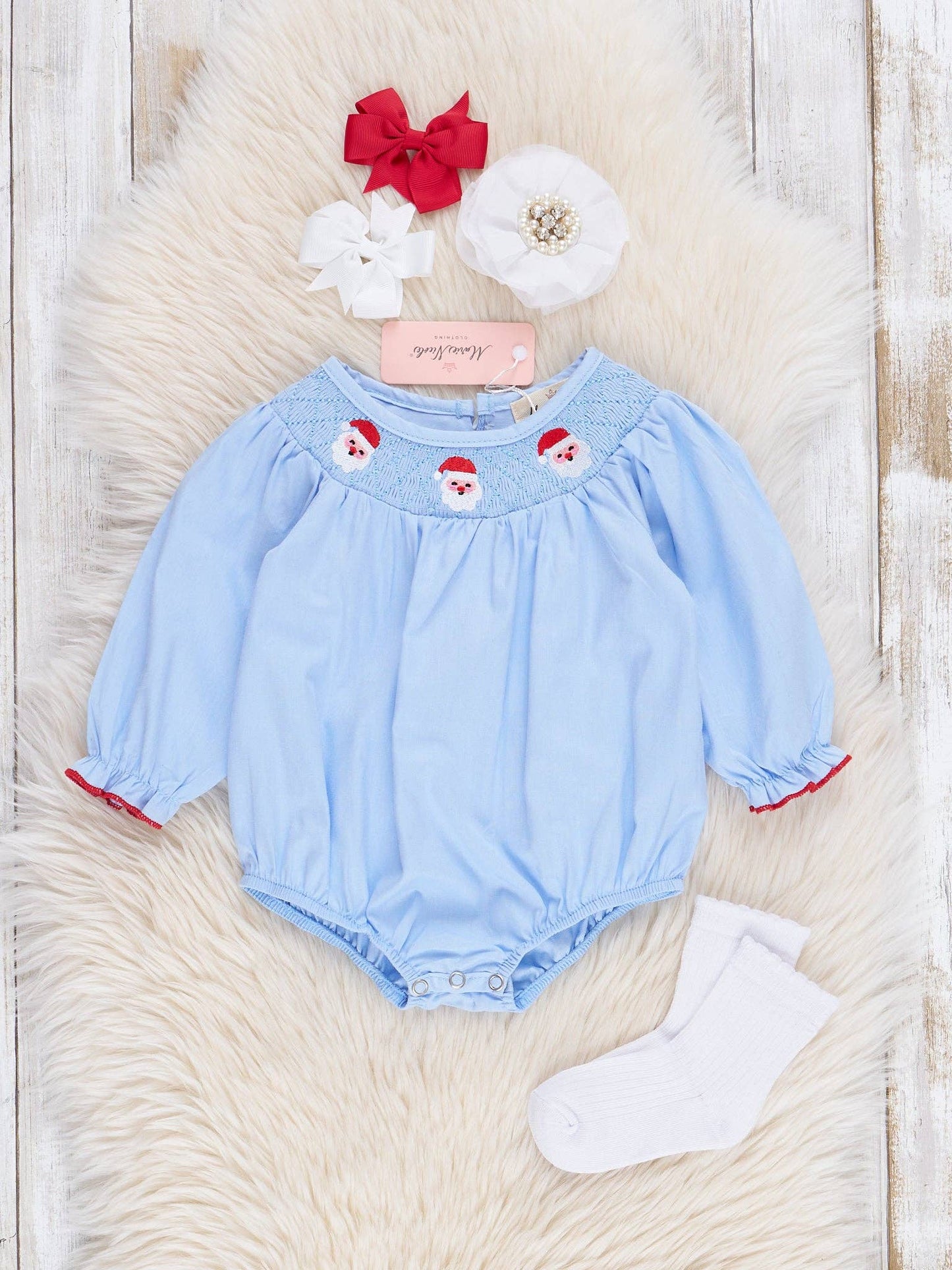 Blue Chambray Smocked Santas Ruffle Bubble: 18/24MOS