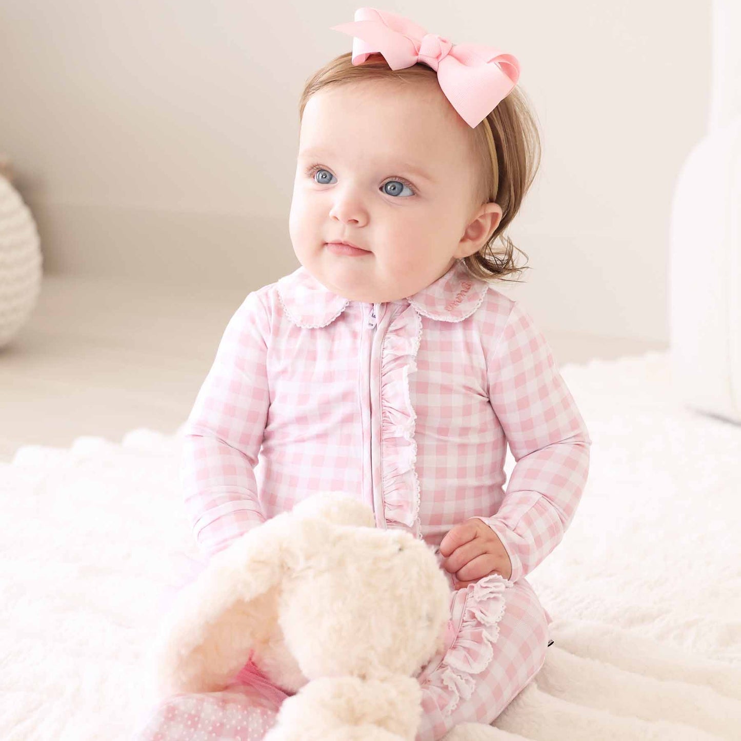 Peter Pan Collar Ruffle Zipper Footie | Rosy Gingham: Rosy Gingham / Non-Personalized / 0-3 months
