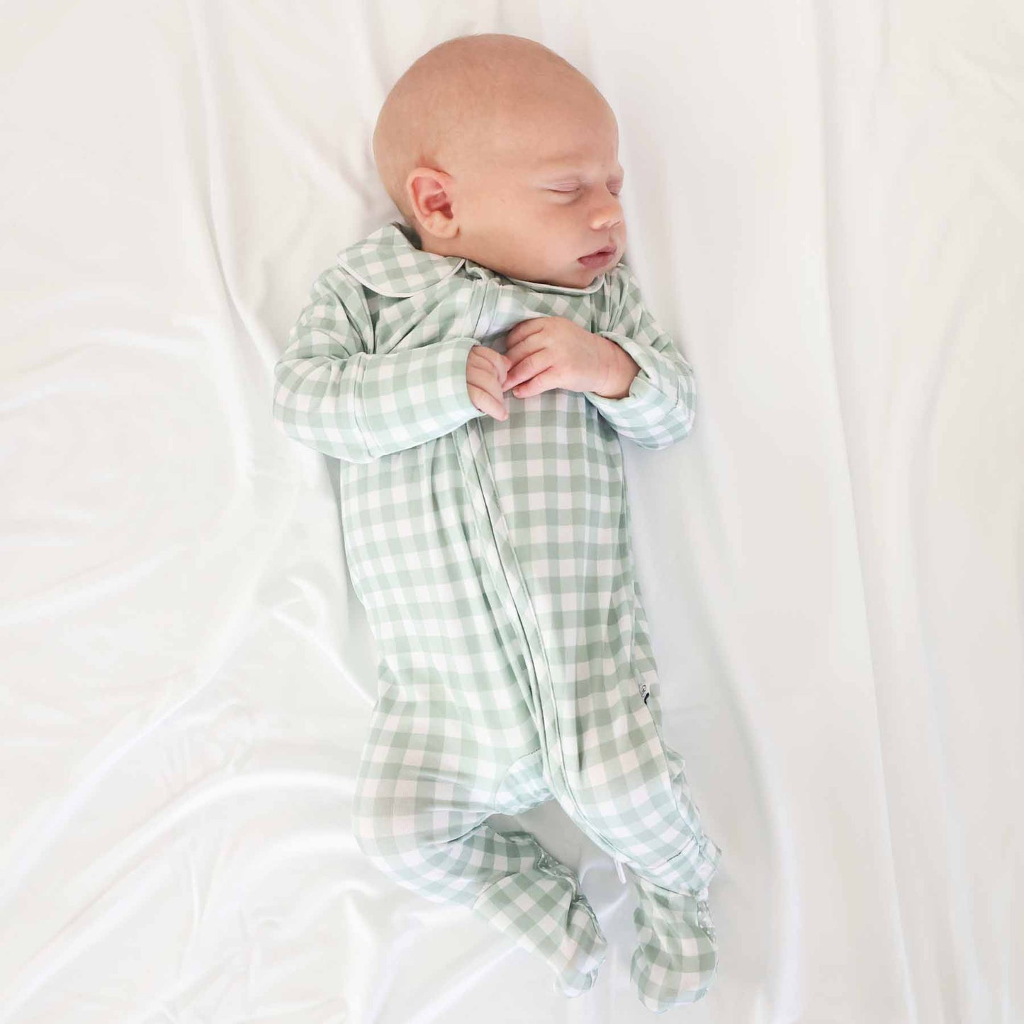 Peter Pan Collar Zipper Footie: Dusty Blue Gingham / Non-Personalized / 0-3 months