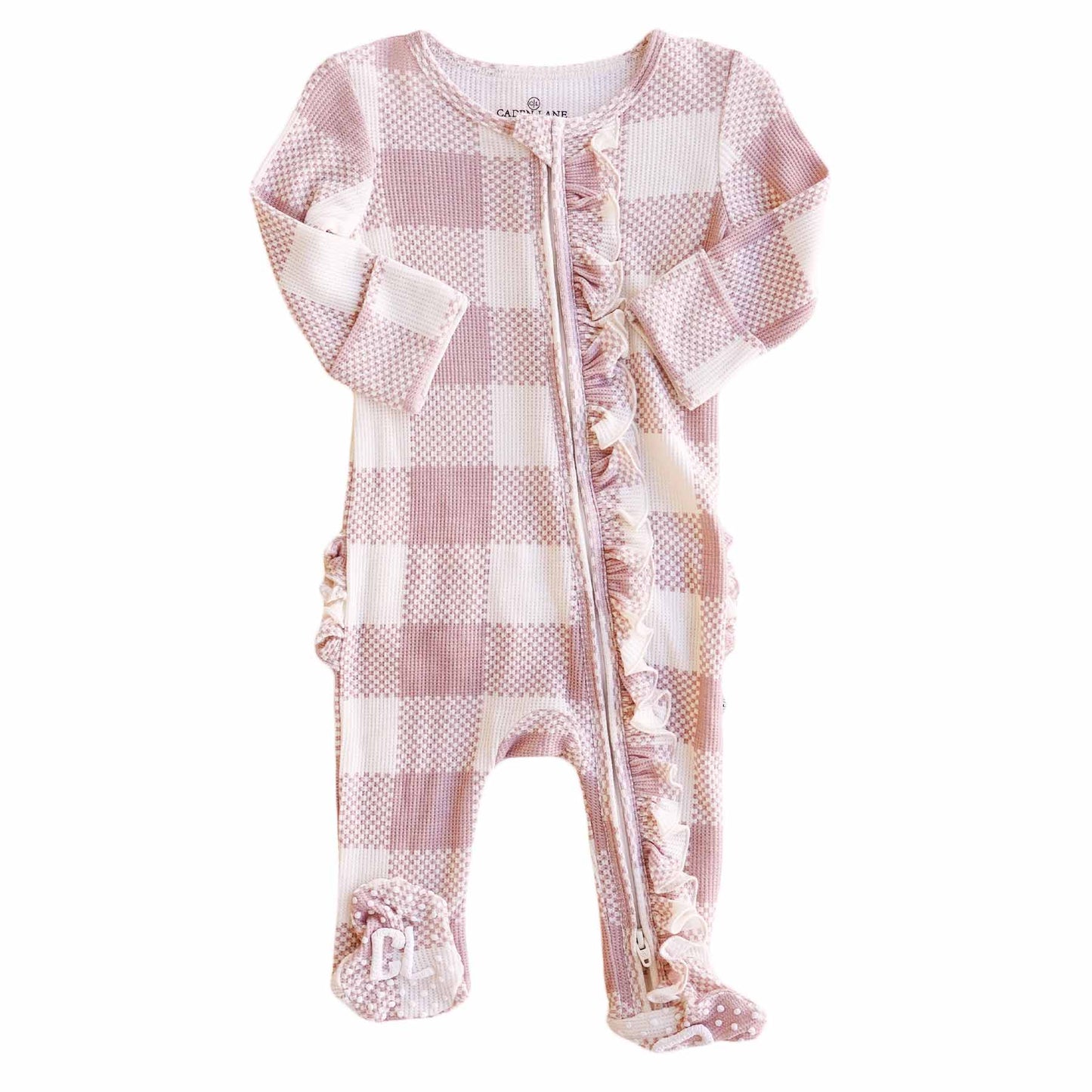 Big Check Bamboo Waffle Zipper Ruffle Footie | Rosy: Newborn