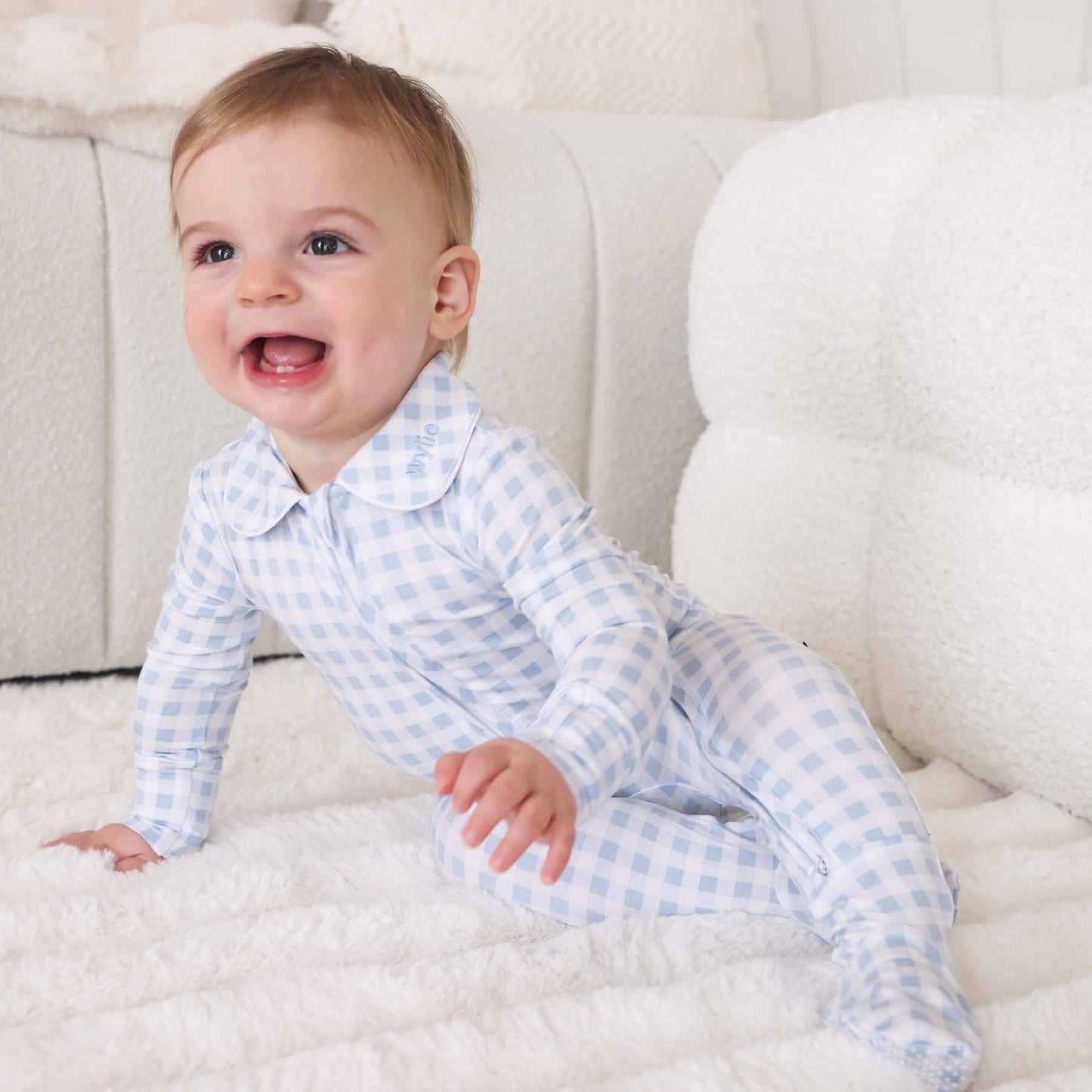 Peter Pan Collar Zipper Footie | Dusty Blue Gingham: Dusty Blue Gingham / Non-Personalized / 0-3 months