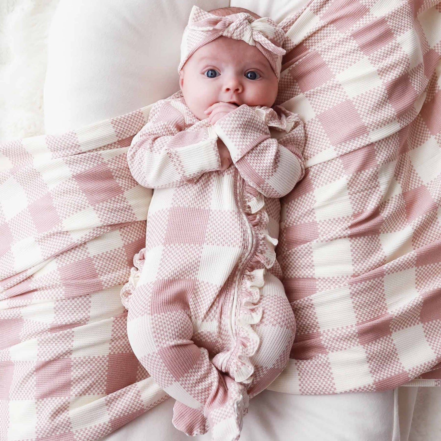 Big Check Bamboo Waffle Zipper Ruffle Footie | Rosy: Newborn