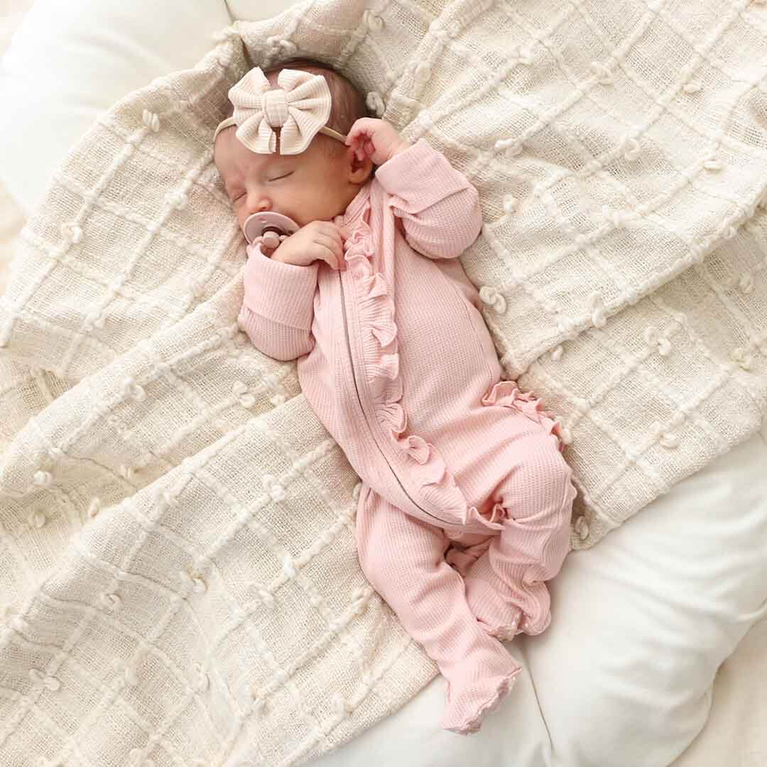 Lovely Pink Bamboo Waffle Zipper Ruffle Footie: Newborn