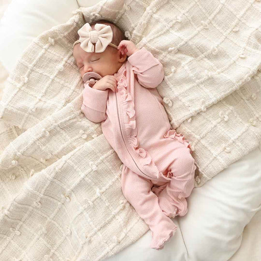 Lovely Pink Bamboo Waffle Zipper Ruffle Footie: Newborn