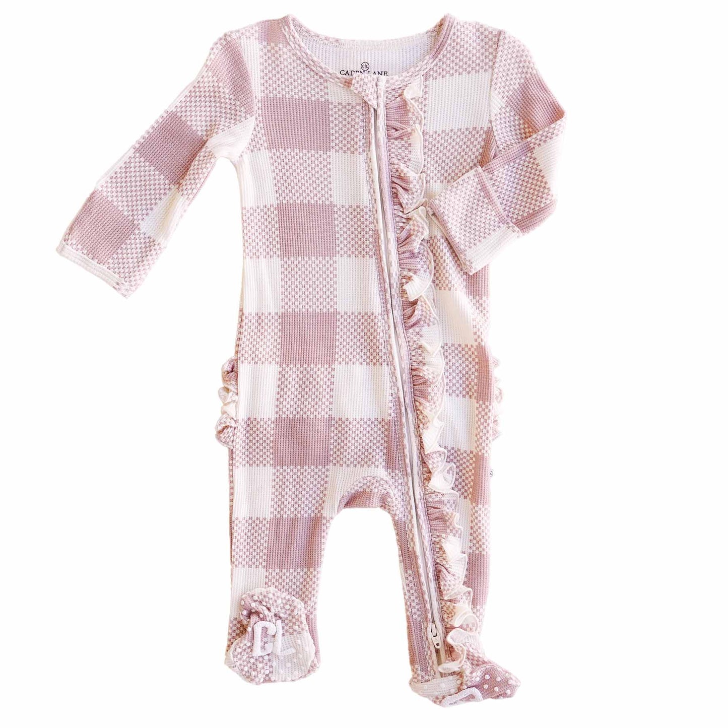 Big Check Bamboo Waffle Zipper Ruffle Footie | Rosy: Newborn