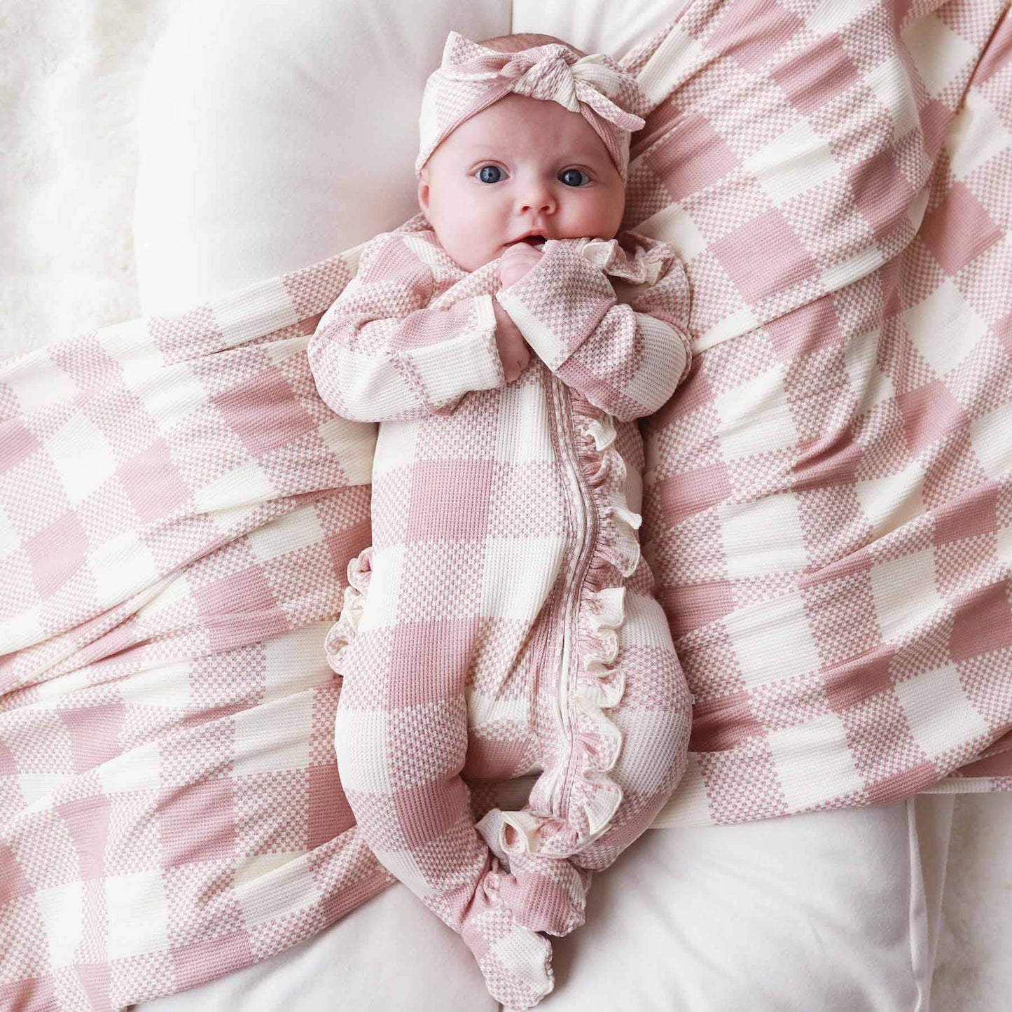 Big Check Bamboo Waffle Zipper Ruffle Footie | Rosy: Newborn