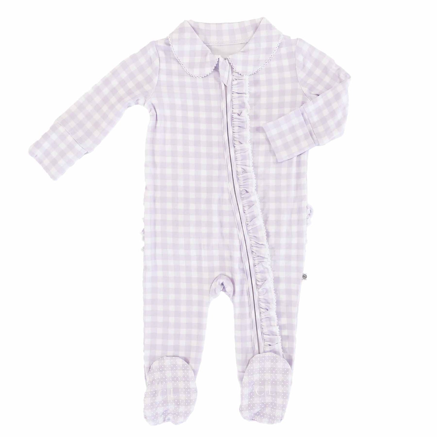 Peter Pan Collar Ruffle Zipper Footie: Rosy Gingham / Non-Personalized / 0-3 months