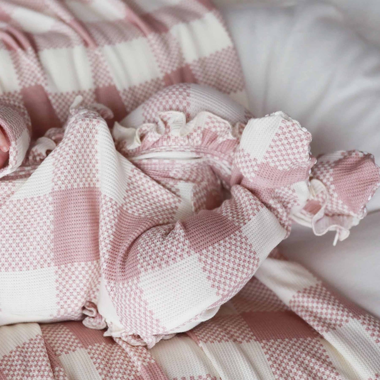Big Check Bamboo Waffle Zipper Ruffle Footie | Rosy: Newborn
