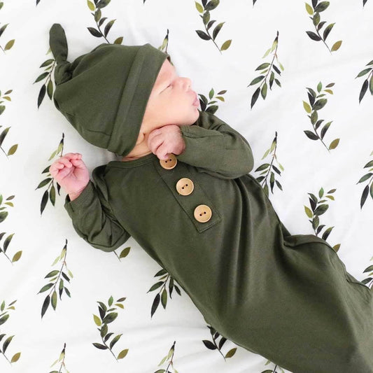 Solid Olive Bamboo Baby Knot Gown & Hat: Newborn / 7-14lbs+